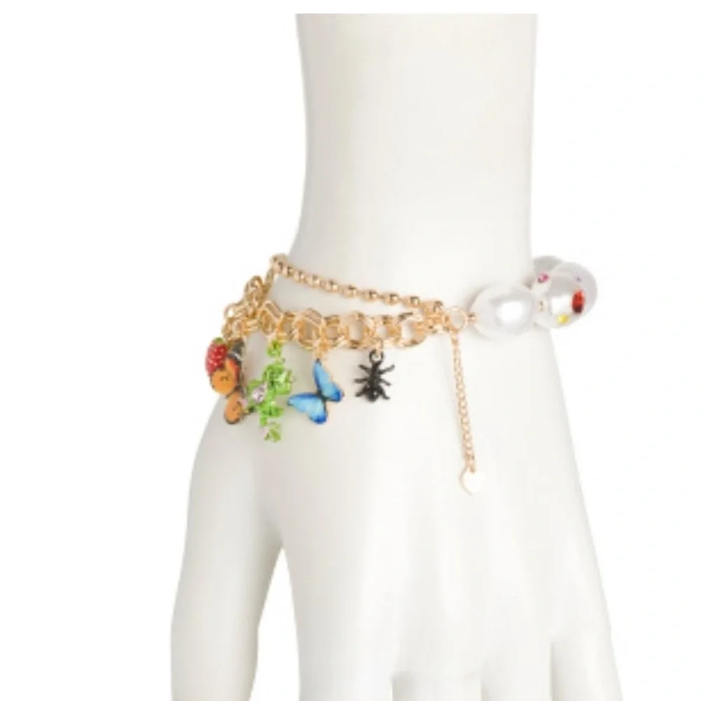 👉✨️ Betsey Johnson Gold Faux Pearls  Colorful Charms Stretch Bracelet